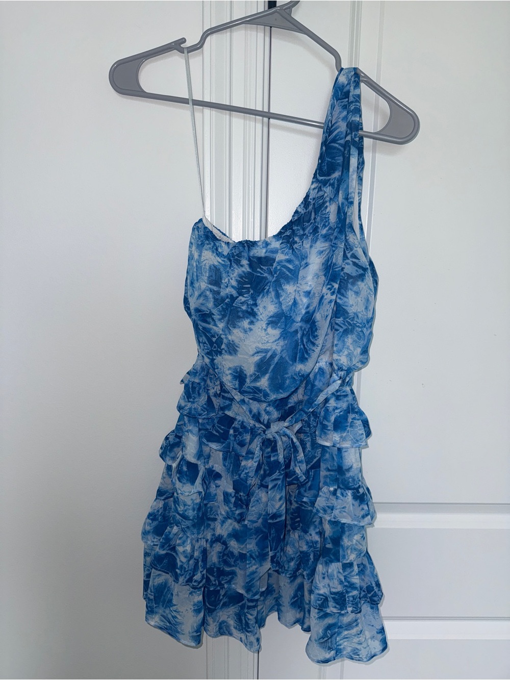 Luxxel Blue White Tie-Dye One-Shoulder Dress with Ruffle
